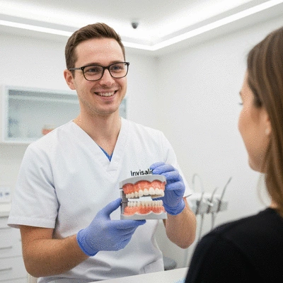 Orthodontist explaining Invisalign treatment to a patient using a 3D model