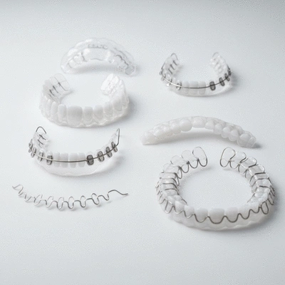 Various types of orthodontic retainers displayed on a clean background
