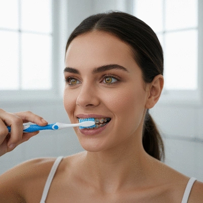 Person brushing teeth with braces, close-up of a soft-bristled toothbrush cleaning around brackets