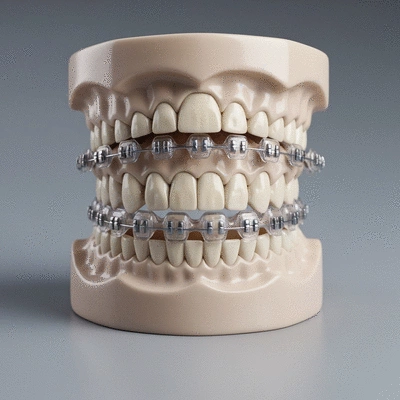 Close-up of different types of orthodontic treatments: metal braces, clear ceramic braces, and clear aligners on a dental model