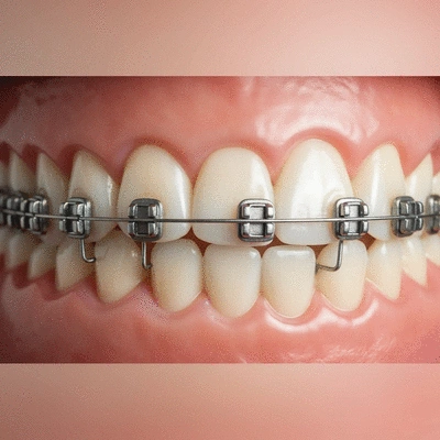 Close-up of traditional metal braces on teeth, showing brackets and wires, in a clean, professional setting