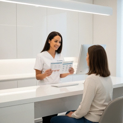 Orthodontist explaining payment options to a patient, modern clinic setting
