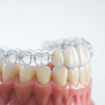Close-up view of clear Invisalign aligners on teeth