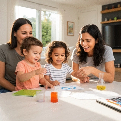 Family (parents and two children) having a consultation with an orthodontist in a modern clinic setting
