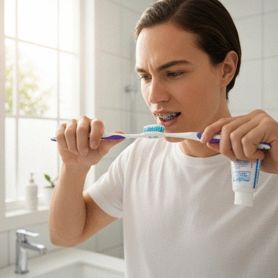 Person demonstrating proper brushing technique with braces