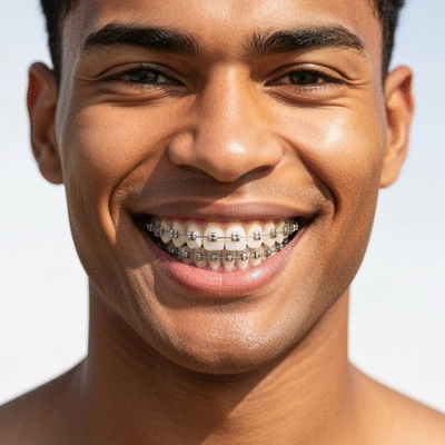 Person smiling with metal braces, clean and healthy teeth
