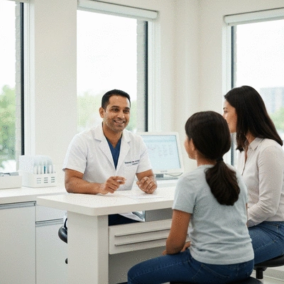 Professional orthodontist explaining options to a young patient and their parent in a modern clinic