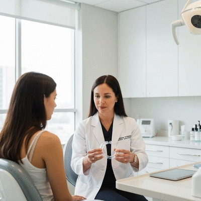 Orthodontist consulting with a patient, showing retainers, in a modern dental office