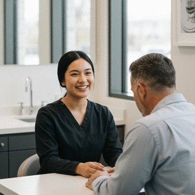 Orthodontist consulting with a patient in a modern clinic