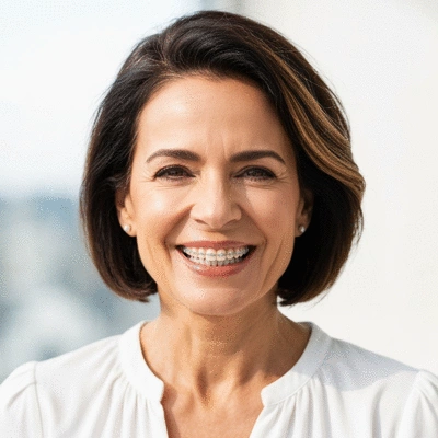 Person smiling confidently, showing off perfectly aligned teeth after orthodontic treatment, in a bright, natural light setting
