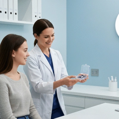 Orthodontist showing a patient how to properly store their retainer in a protective case, clean clinic environment, no text, no words, no typography, 8K