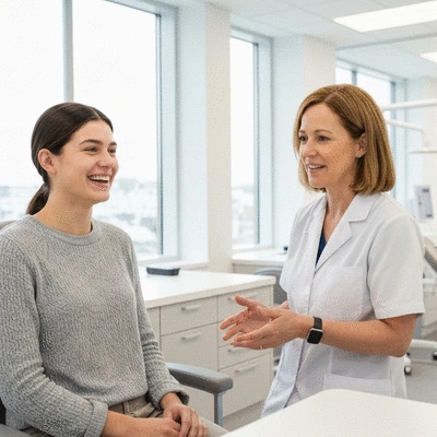 Happy adult patient consulting with an orthodontist about clear aligners in a bright, modern clinic