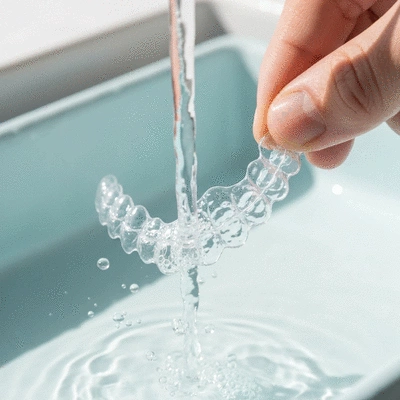 Close-up of a clear orthodontic retainer being cleaned with a soft brush under running water, bright and clean environment, no text, no words, no typography, 8K